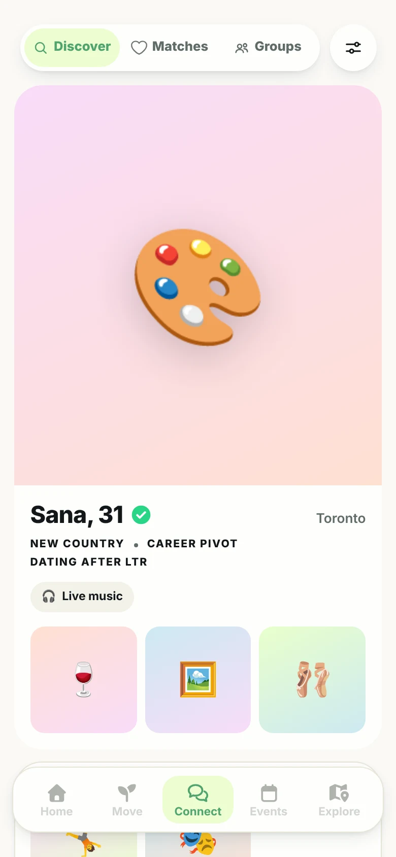 The Discover tab in the Her Next Move app: a woman's profile card with her moves, her interests and photo tiles