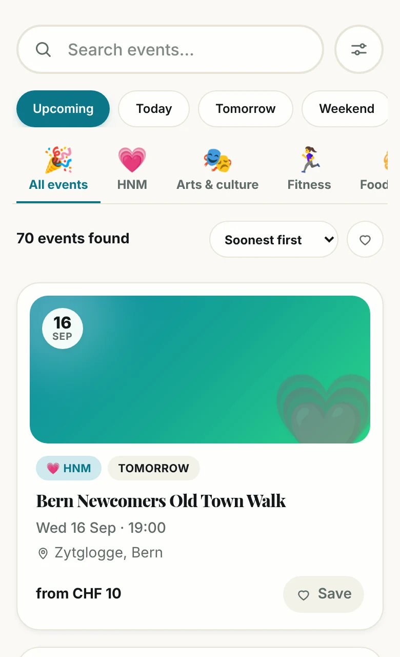The Events tab: upcoming events by category, soonest first