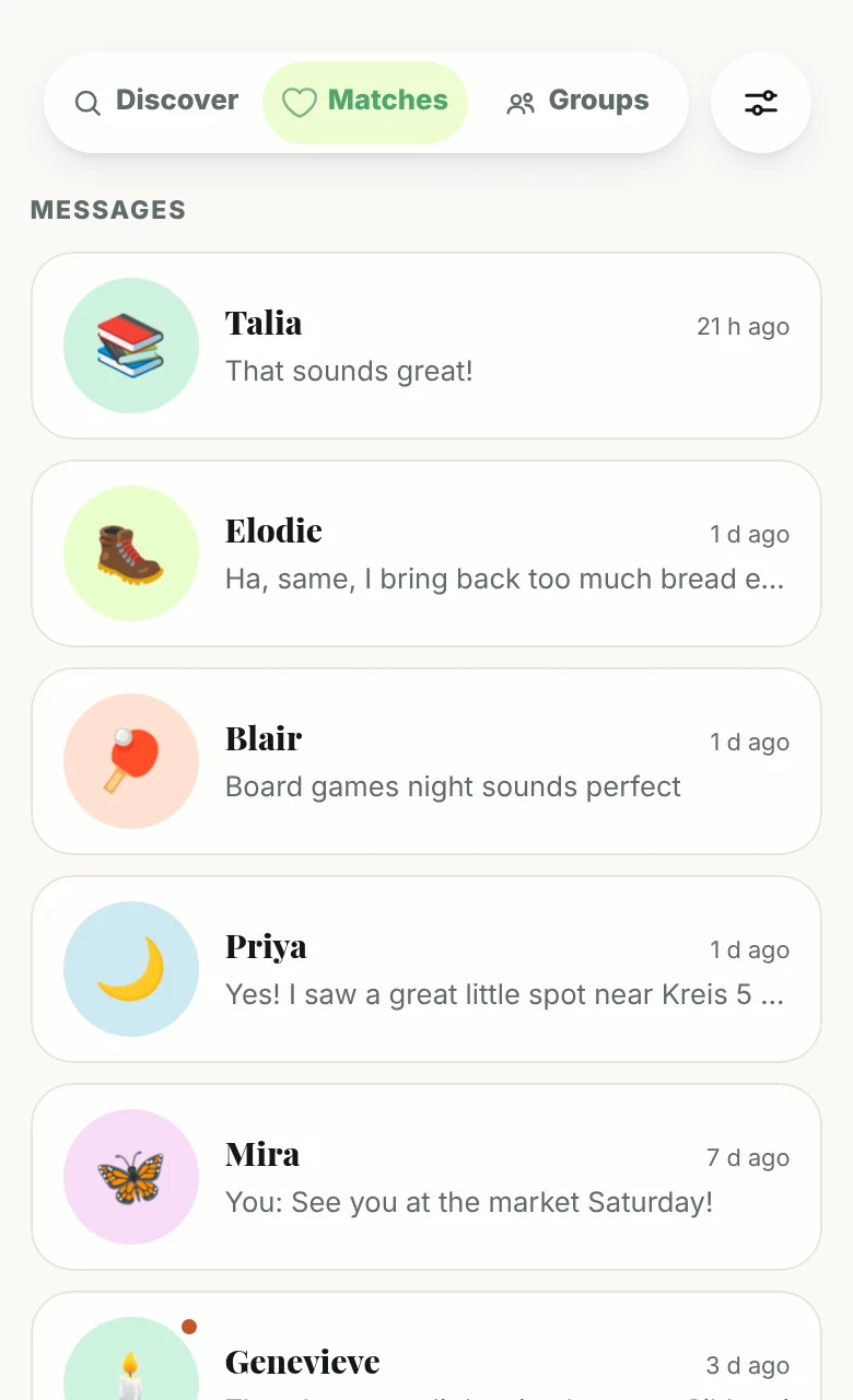 The Matches tab: conversations with women she's matched with