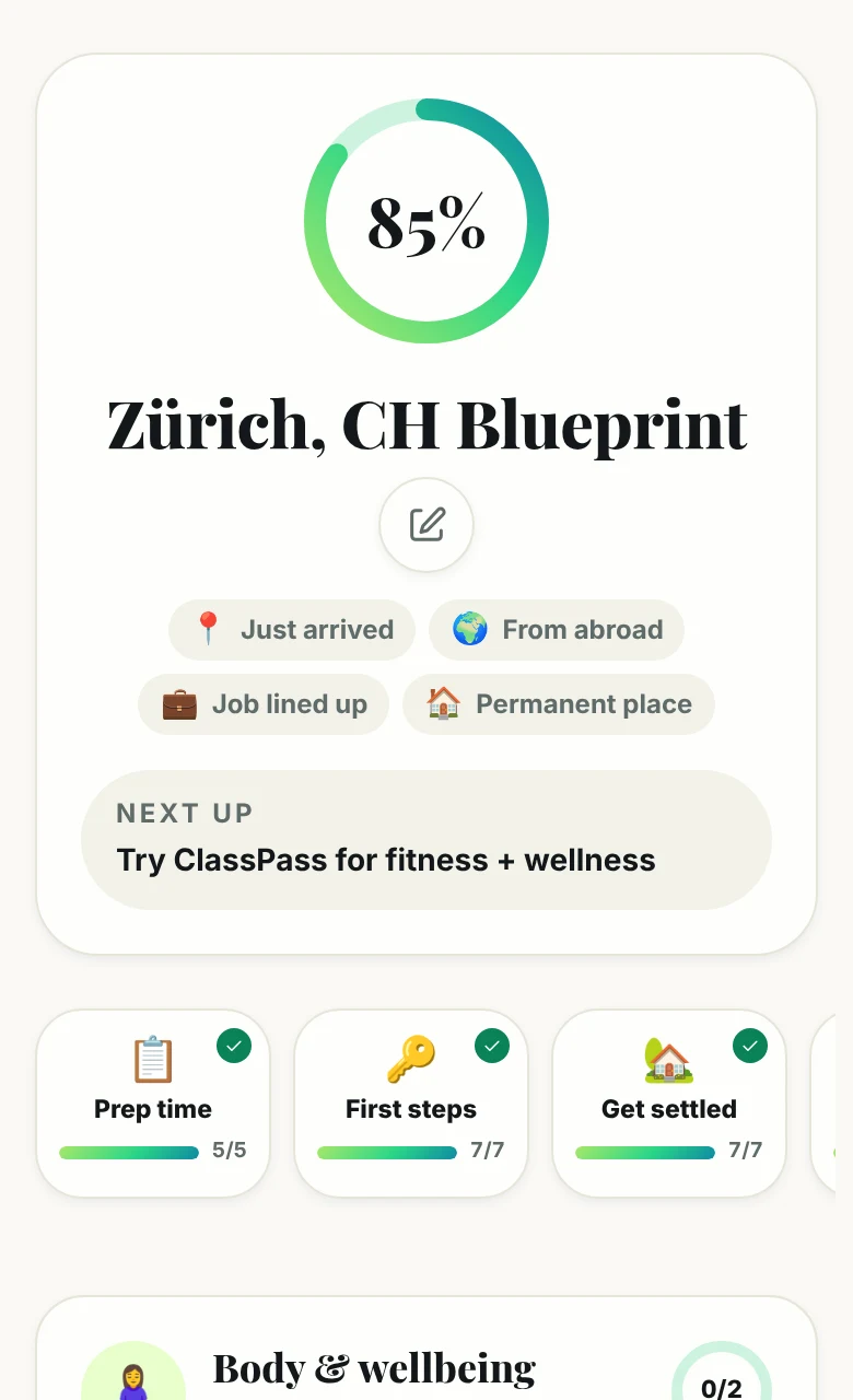 The Move tab: a Blueprint 85% done, with the next step underneath